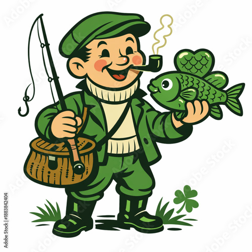 Retro Irish fisherman holding clover shaped fish illustration