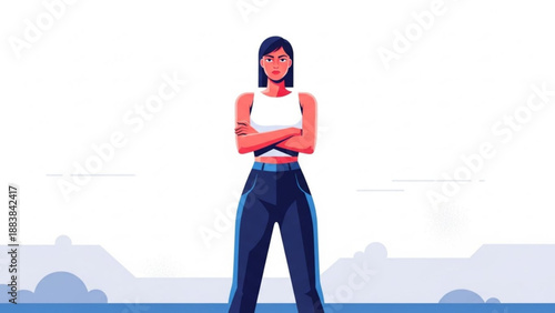 Confident woman with arms crossed standing strong in flat vector illustration style representing determination and power for business concepts