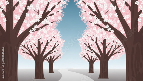 Blooming cherry blossom trees lining a pathway representing spring season and natural beauty for a serene landscape background
