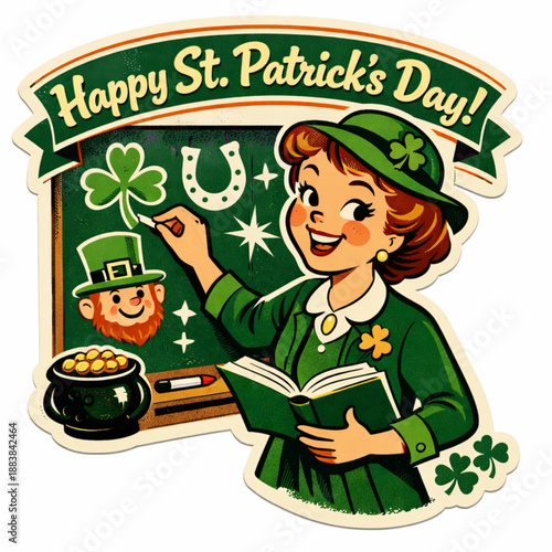 Retro Irish school teacher writing lucky symbols illustration