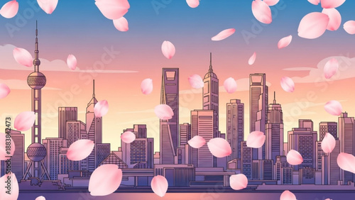 Sakura petals falling over a modern city skyline at sunset beautiful spring landscape illustration for travel and urban concepts