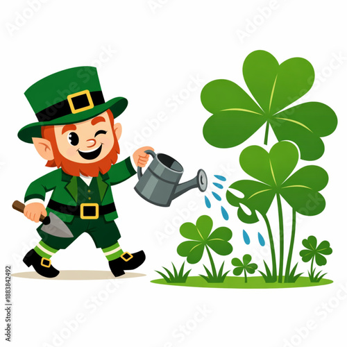 Retro leprechaun gardener watering oversized clovers illustration