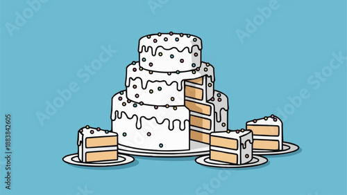 Three Tier Wedding Cake with Slices Cut Out.