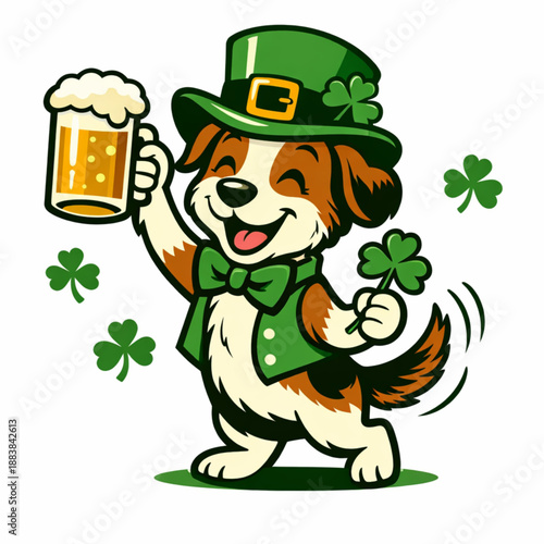Retro Irish dog wearing leprechaun hat wagging tail illustration