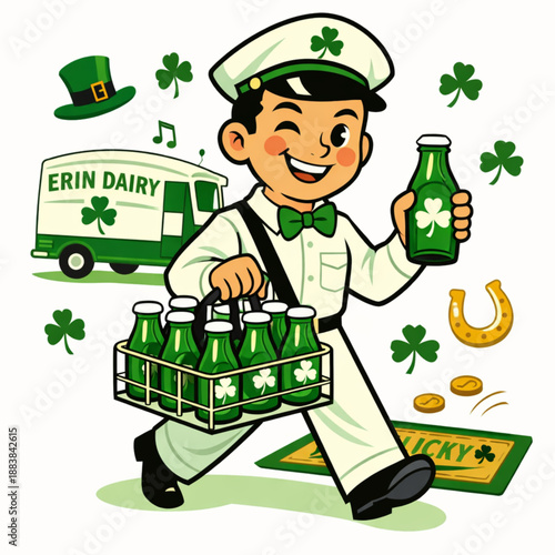 Retro Irish milkman delivering green clover bottles illustration