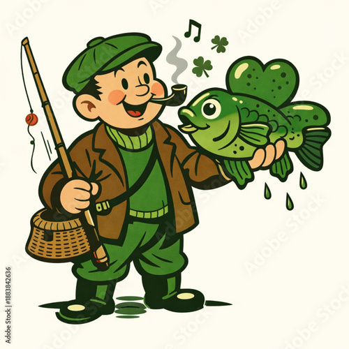 Retro Irish fisherman holding clover shaped fish illustration