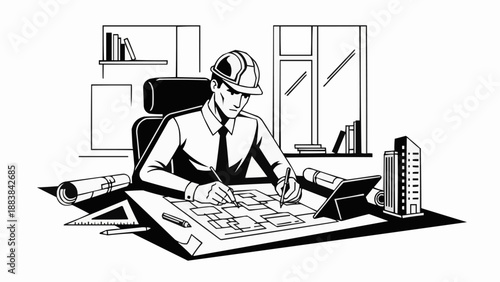 Architectural Engineer Designing Building Plans on Drafting Table.