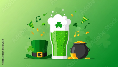 St Patricks Day celebration with a glass of green beer leprechaun hat pot of gold and festive elements perfect for holiday design and promotion