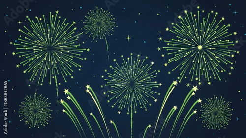 Green fireworks exploding in the night sky a festive display of light and celebration for holidays and events vector illustration