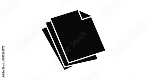 a stacked paper document icon rendered in a stark black silhouette against a clean white backdrop