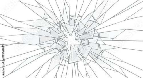 Dynamic abstract illustration of a shattered glass effect, radiating sharp fragments from a central point of impact, symbolizing destruction or force