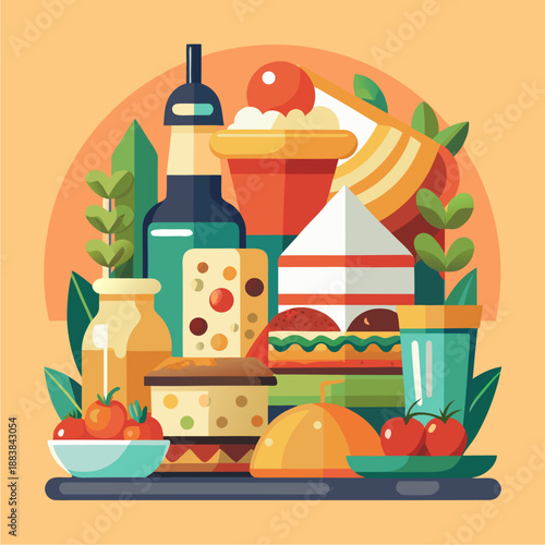 illustration of food items arranged neatly with simple shapes and minimal detail