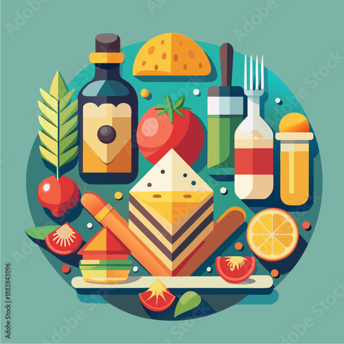 illustration of food items arranged neatly with simple shapes and minimal detail