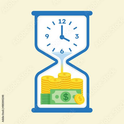 Time is money concept illustration with an hourglass combining a clock and stacked coins, showing time flowing into wealth, productivity, efficiency, investment in a flat minimal vector style.