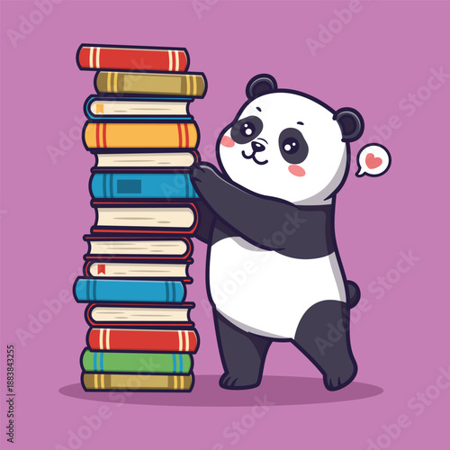 Cute Vector Illustration of a Panda Hugging Colorful Book Stack with Heart Bubble on Purple Background