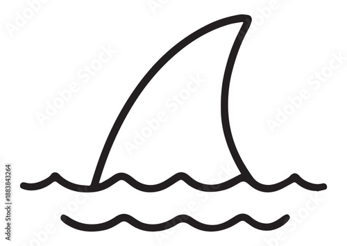 Minimalist shark fin line art illustration, simple ocean predator silhouette icon for marine life, danger, and sea adventure concept isolated on white background.