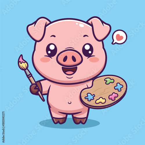 Cute Vector Illustration of a Pig Holding Artist Palette and Paintbrush with Heart Bubble on Light Blue Background