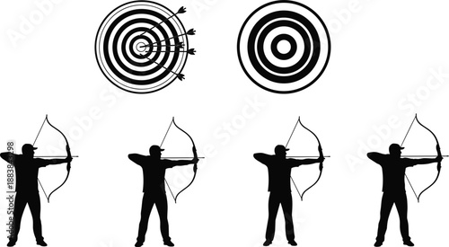 Archery Targets and Silhouettes of Archers Drawing Bows Keywords: archery, target, bow and arrow, archer, silhouette, sport