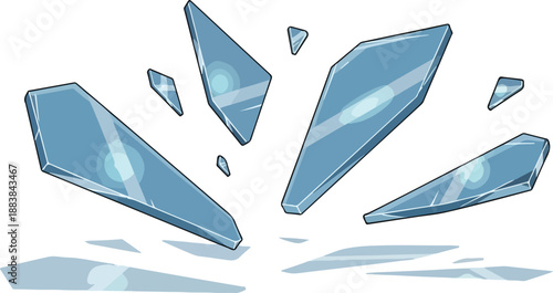 Shattered fragments of translucent blue material burst and fall, reflecting light in a dynamic display of fragility and powerful separation