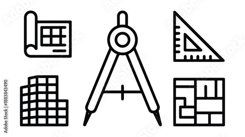 Clean vector icons for architecture and property development, orange on white. Modern buildings, home, construction, city.