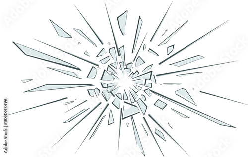 Dynamic illustration of a powerful glass impact, breaking into sharp fragments radiating outwards from the center