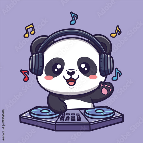 Cute Vector Illustration of a DJ Panda with Headphones, Turntable, and Musical Notes on Light Purple Background