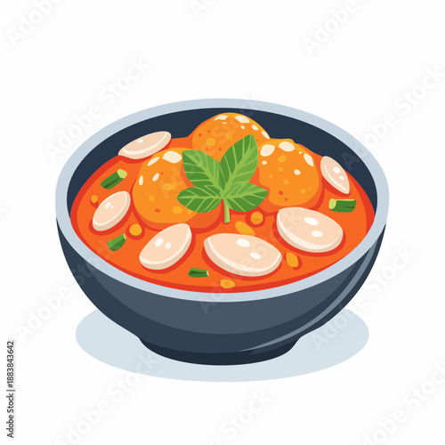A delicious cartoon illustration of a bowl of hearty stew with meatballs and sliced vegetables, garnished with fresh herbs