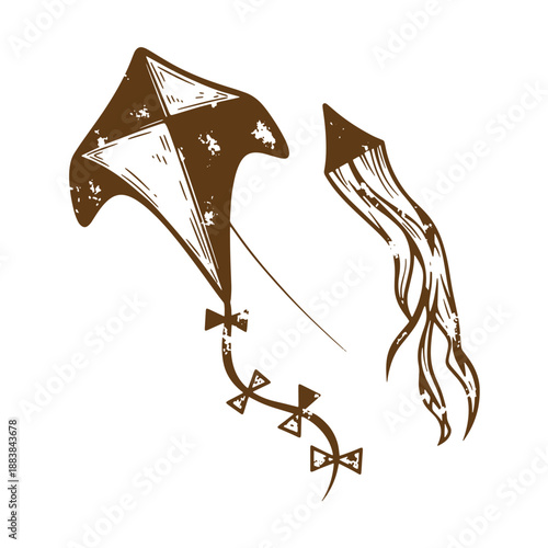 Drawing Vintage grunge  texture Brown kite with tail flying in the air  recreational outdoor toy  fun and leisure activity
