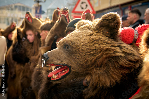 Photography People dancing dressed in bearskin and folk costumes at the Comanesti Customs an