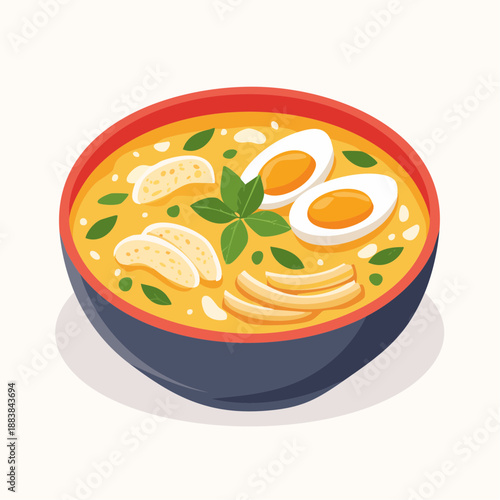 Delicious and flavorful chicken noodle soup with boiled eggs, presented in a vibrant, eye-catching bowl, perfect for a comforting meal
