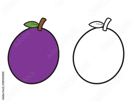 Purple Passion Fruit Vector Graphics for Children. Isolated Black Outline and Vibrant Color Version for Kids Activity Books. Simple coloring page for toddlers 