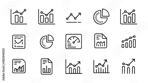 Professional flat vector icons for business and finance concepts, blue and white. Growth, analysis, strategy, investment.