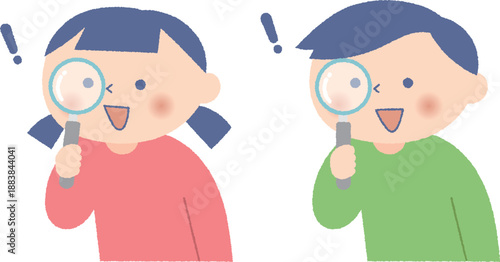 虫眼鏡を持っている男の子と女の子