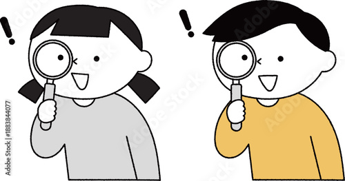 虫眼鏡を持っている男の子と女の子単色