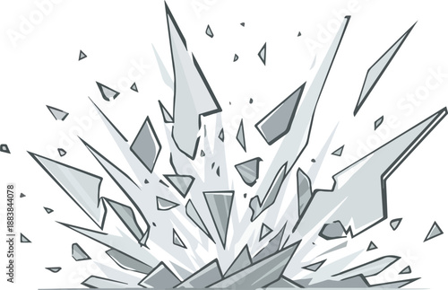 Dynamic illustration of a powerful shattering impact, with sharp fragments flying outwards, symbolizing sudden destruction or a forceful breakthrough
