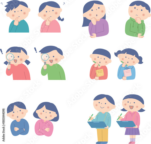 考え事をする子供たちのイラストセット