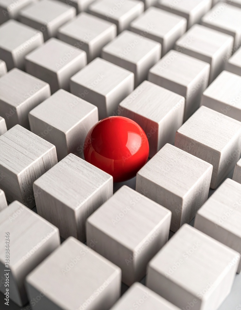 Fototapeta premium Unique Red Sphere Amidst Uniform White Cubes - A Study in Contrast.