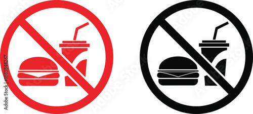 Red and black prohibition signs for no food and no drinks with burger and cup forbidden restricted