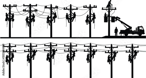 Silhouette of Power Line Workers Repairing Electric Poles and Wires electricity lineman