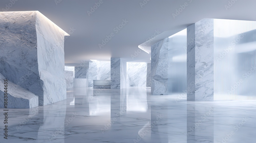 Obraz premium Modern White Marble Architectural Interior with Geometric Columns and Soft Lighting