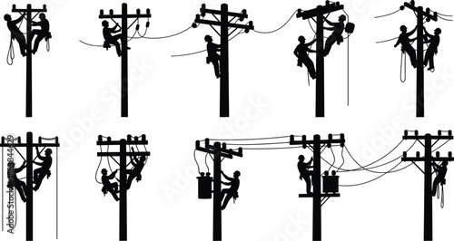 Silhouettes of Linemen Working on Utility Poles with Wires and Transformers lineman utility worker