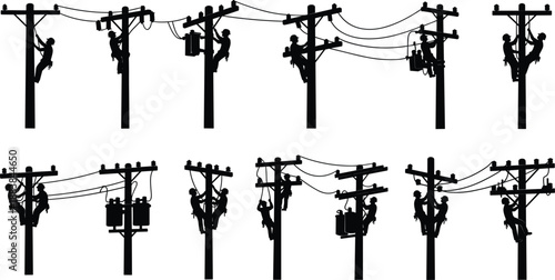 Silhouettes of Linemen Working on Utility Poles with Transformers Keywords: lineman, utility worker, electrician, power line