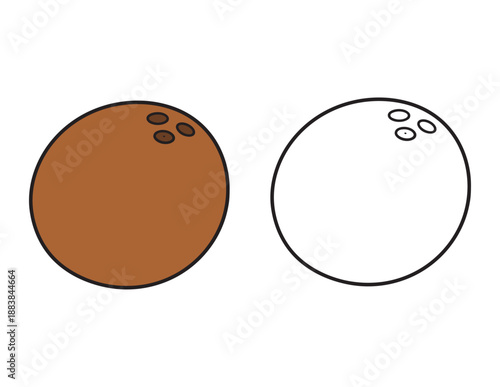 Coconut Coloring Worksheet for Kids. Bold and Easy cartoon fruit with Colored Example and Outline for toddlers and preschoolers 