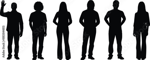 Silhouettes of six diverse people standing against a white background Keywords: silhouettes, people, figures, standing, men