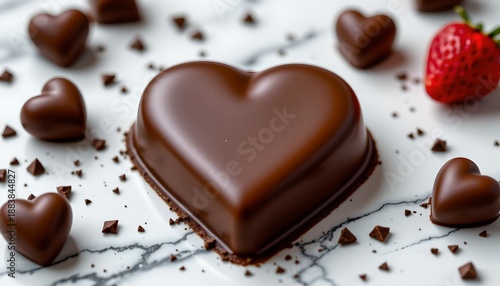 A chocolate heart dessert surrounded by fresh strawberries and chocolate shavings.