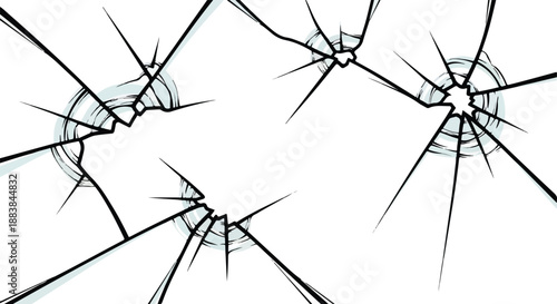 Realistic Shattered Glass Surface with Multiple Cracks Spreading from Impact Points on a White Background