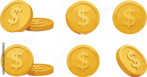 Six golden dollar coins in various orientations on a white background gold coin money