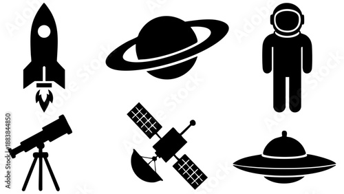 Space exploration icons isolated on transparent background, Vector