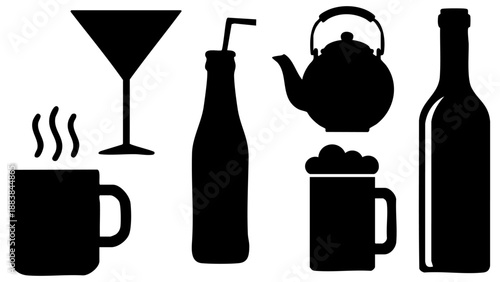 Assorted beverage icons isolated on transparent background, Vector
