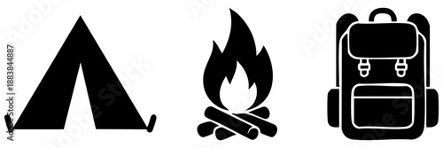 Camping essentials: tent, fire, backpack isolated on transparent background, Vector